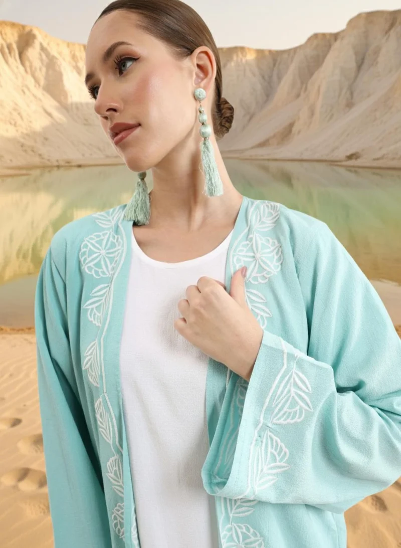 Ishin Aqua Blue Aqua Blue Thread Embroidered Layered Abaya with Hijab for Women | Best Price UAE